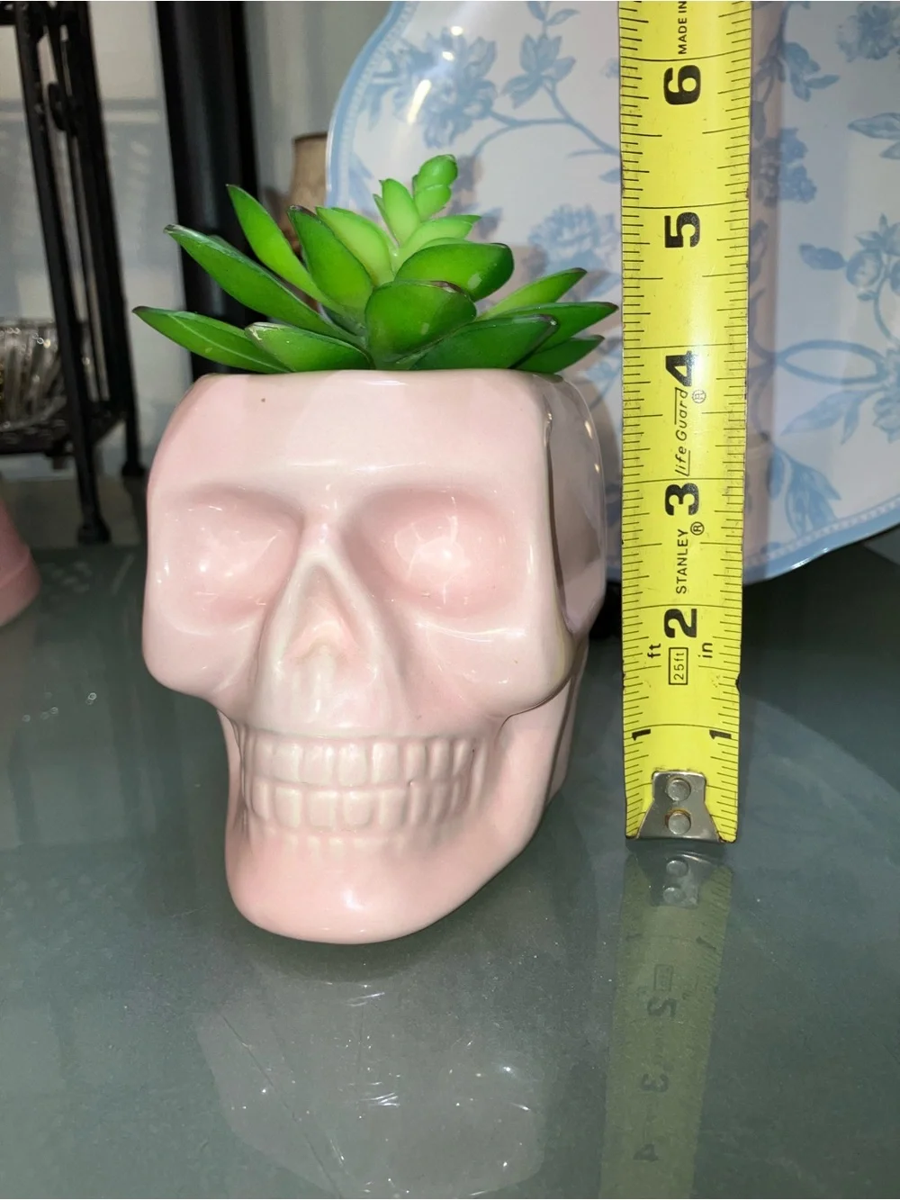Pastel Pink Ceramic Skull Planter with Green Faux Succulent